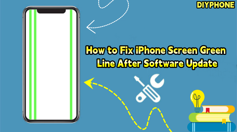 Illustration of iPhone with green vertical lines on screen, text about fixing green line after update