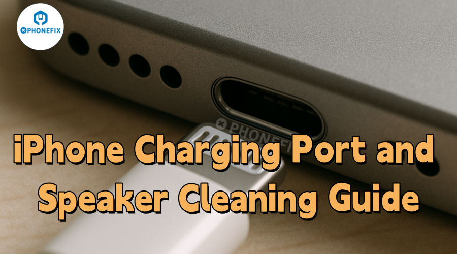 Close-up of iPhone charging port, speaker holes, and cable with text: iPhone charging port and speaker cleaning guide.