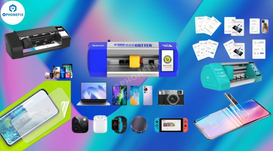 Assorted mobile phone repair tools, screen protectors, and cutting machines on a colorful background.