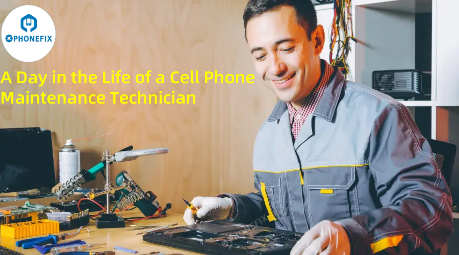 Smiling technician repairing smartphone at workbench with tools, electronic components, and text overlay.
