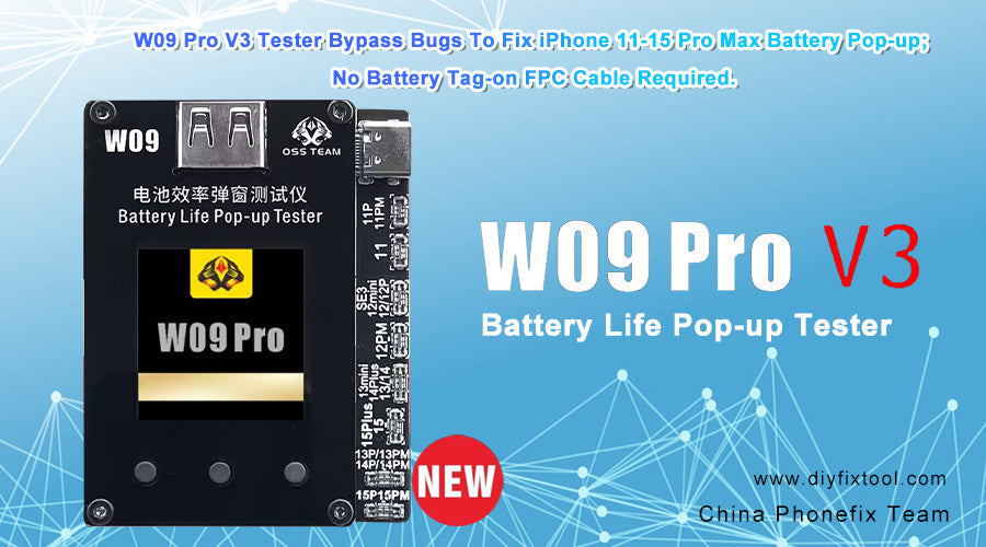 W09 Pro V3 battery life pop-up tester for iPhone 11-15 Pro Max, electronic testing tool on blue tech background.