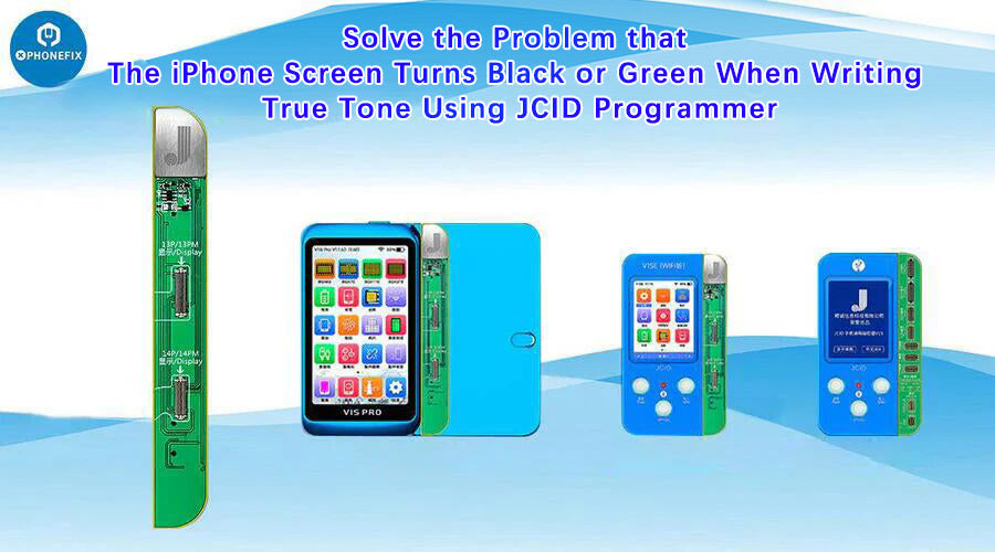JCID True Tone programmer tools for iPhone screen repair, blue and green diagnostic devices.