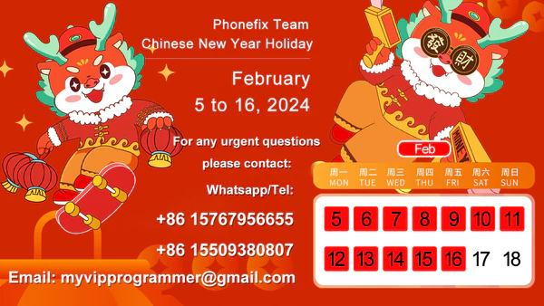 Chinese New Year holiday notice with animated tigers, February 5-16, 2024, contact info and calendar.