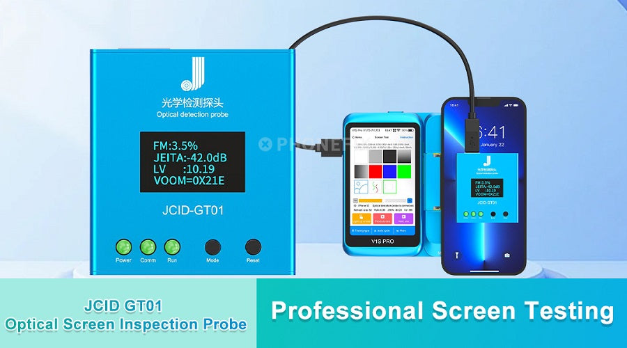 JCID GT01 optical screen inspection probe connected to smartphone for professional screen testing