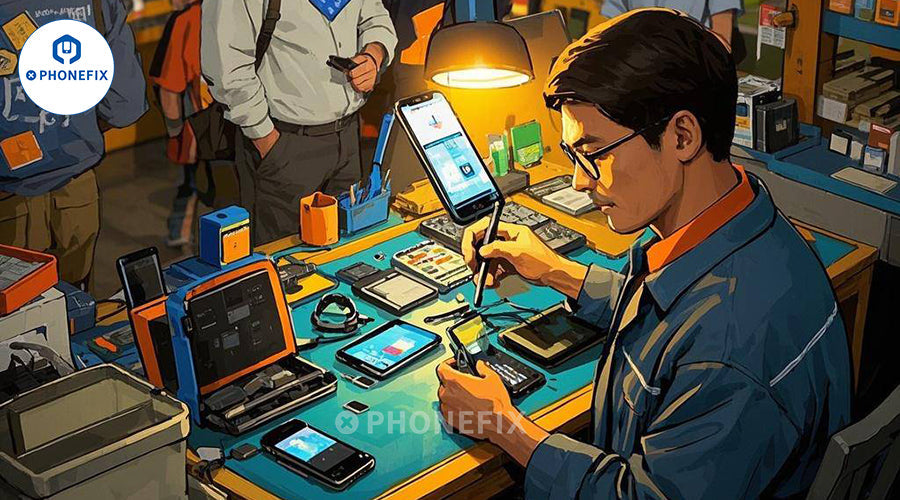 Technician repairing smartphone at workbench with phone repair tools, parts, and accessories.