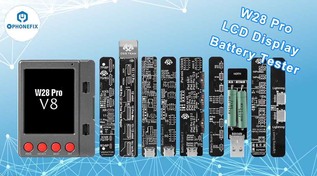 W28 Pro V8 LCD display battery tester with multiple adapter boards for phone repair