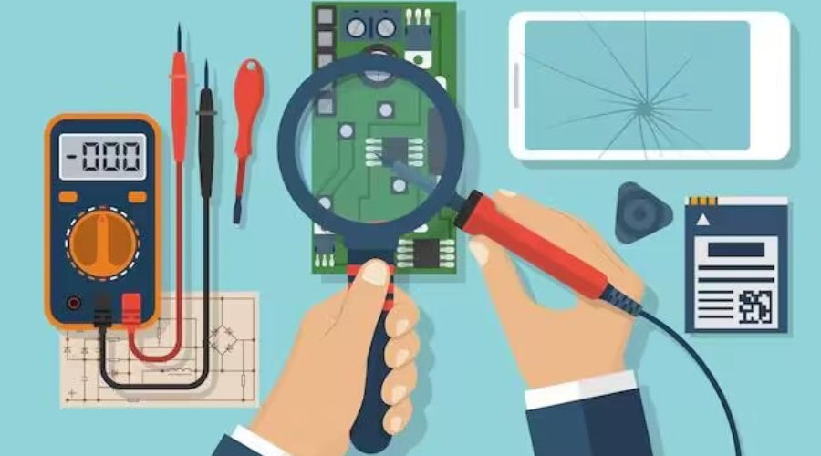 Mobile phone repair tools kit with circuit board, multimeter, cracked phone screen, and battery.