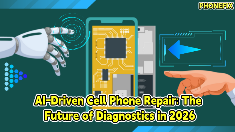 Robot hand and human finger point at smartphone circuit, symbolizing AI-driven cell phone repair diagnostics.