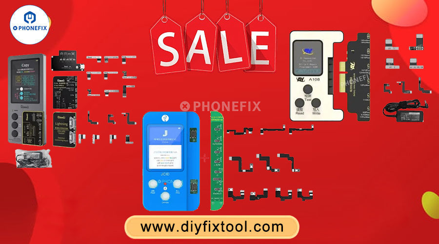 Mobile phone repair tools and testing devices on red sale background for DIY technicians.