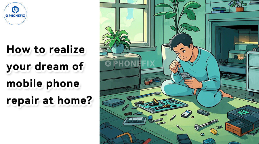 Man repairing smartphone at home with phone repair tools and parts on the floor, indoor scene.
