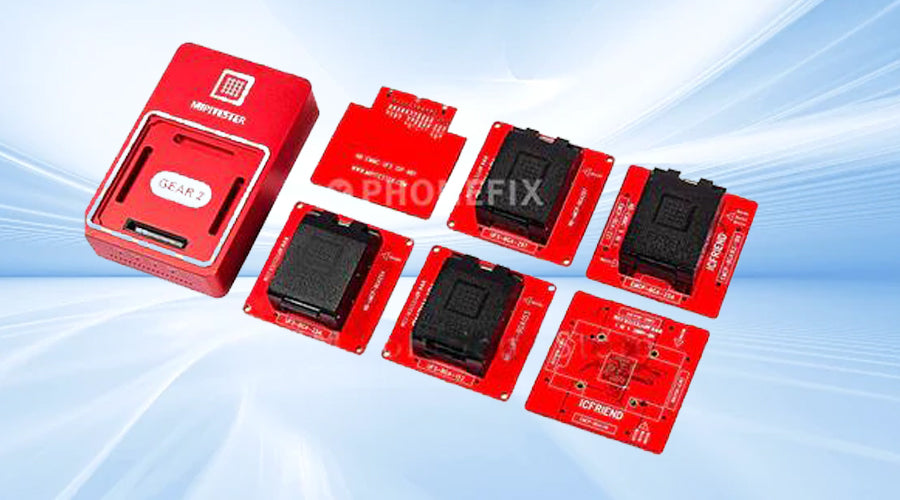 Red mobile phone repair programmer with six IC chip adapters on blue background