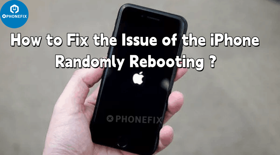 Hand holding an iPhone with Apple logo on screen, text about fixing random reboot issue.