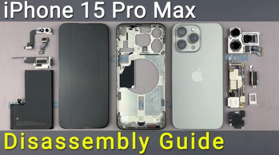 iPhone 15 Pro Max disassembled with internal parts and screen arranged, disassembly guide