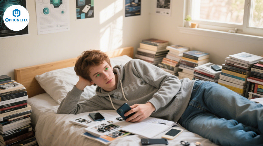 Young man on bed with smartphone and phone repair tools, surrounded by books in a bright room