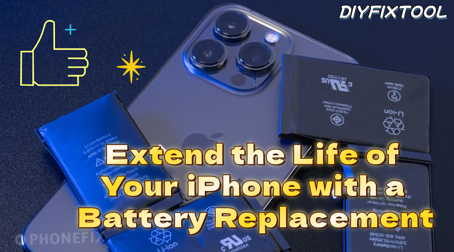 iPhone and replacement batteries on table, promoting mobile phone battery replacement.