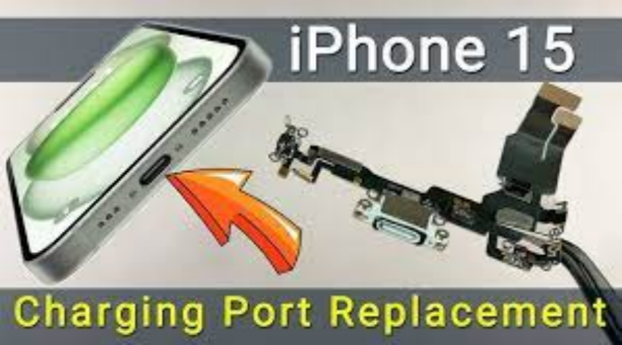 iPhone 15 charging port replacement component and installation guide illustration