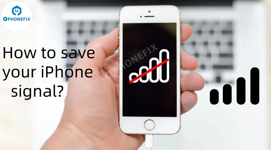 Hand holding iPhone with no signal icon, text asking how to save iPhone signal, laptop background.