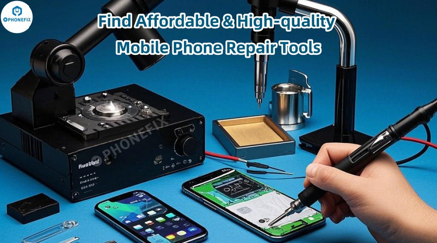 Technician using soldering tool on smartphone with mobile phone repair equipment on workbench.