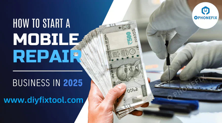Gloved hands repairing a smartphone with screwdriver, person holding cash, mobile repair business concept.