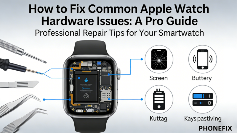 Apple Watch repair guide with tools and diagrams for screen, battery, and hardware issues