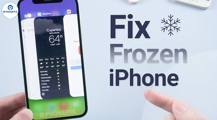 Person holding iPhone with frozen screen, text overlay reads 'Fix Frozen iPhone', repair tools in background.