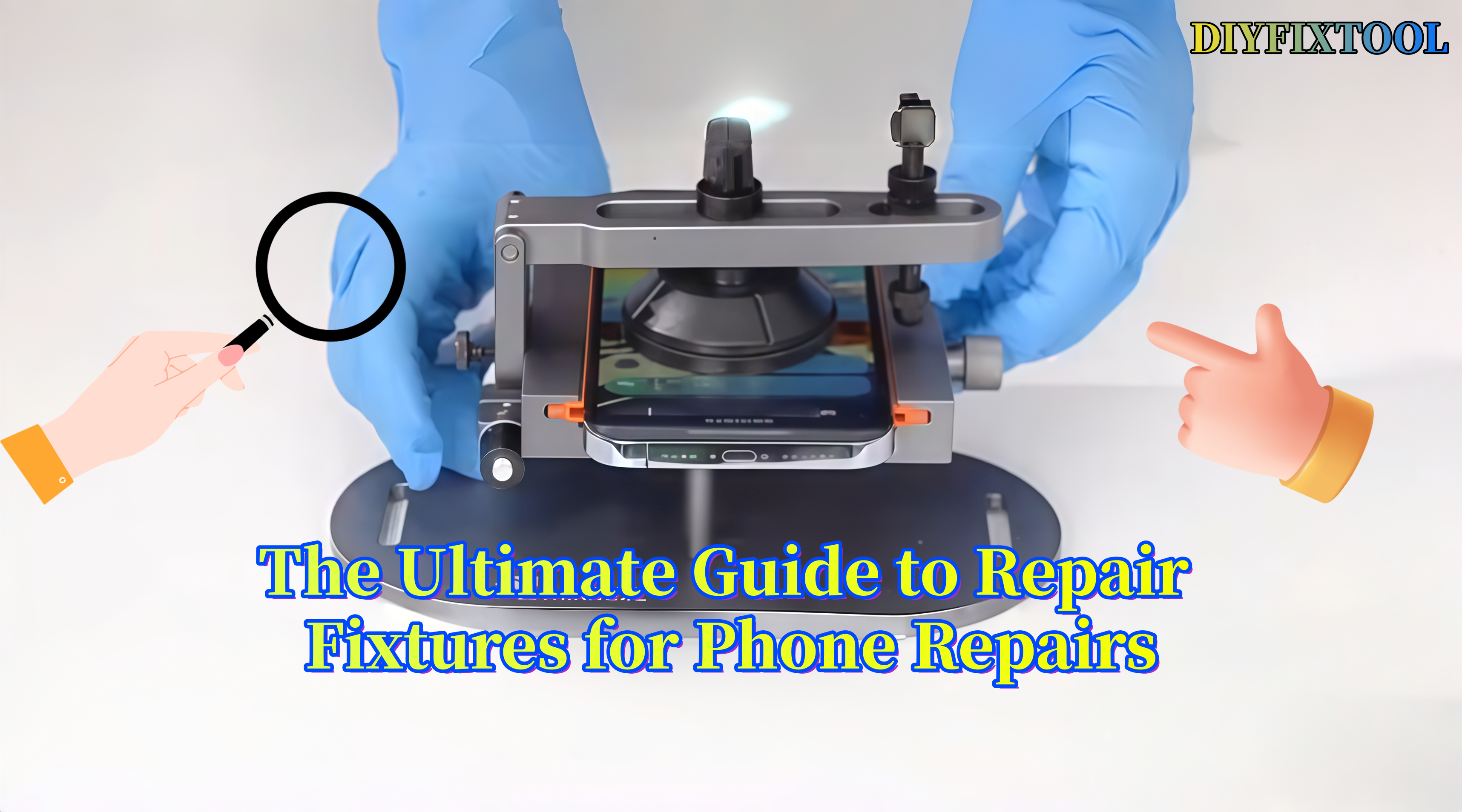 Hands in gloves using phone repair fixture with smartphone, ultimate guide text overlay.