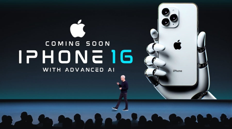 Stage presentation of iPhone 16 with robot hand, advanced AI feature announcement