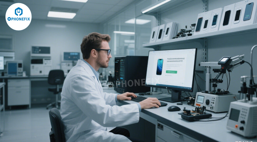 Technician in lab coat repairing smartphone at modern electronics workstation with tools and computer.