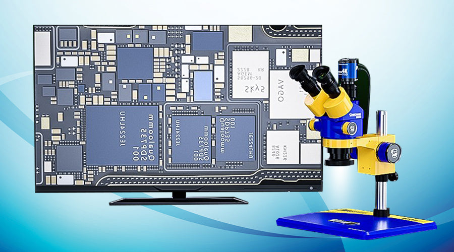Digital microscope with display showing close-up of mobile phone motherboard for repair.