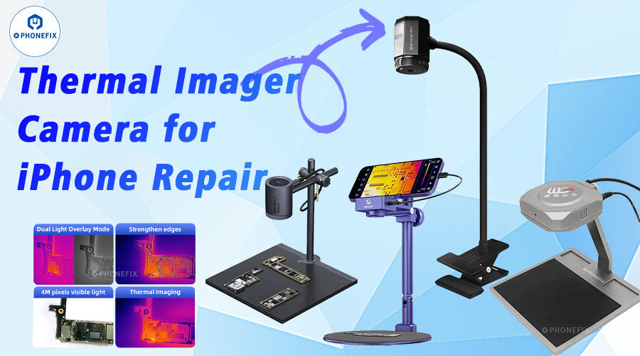 Thermal imager camera tools and stands for iPhone repair with sample circuit board images.