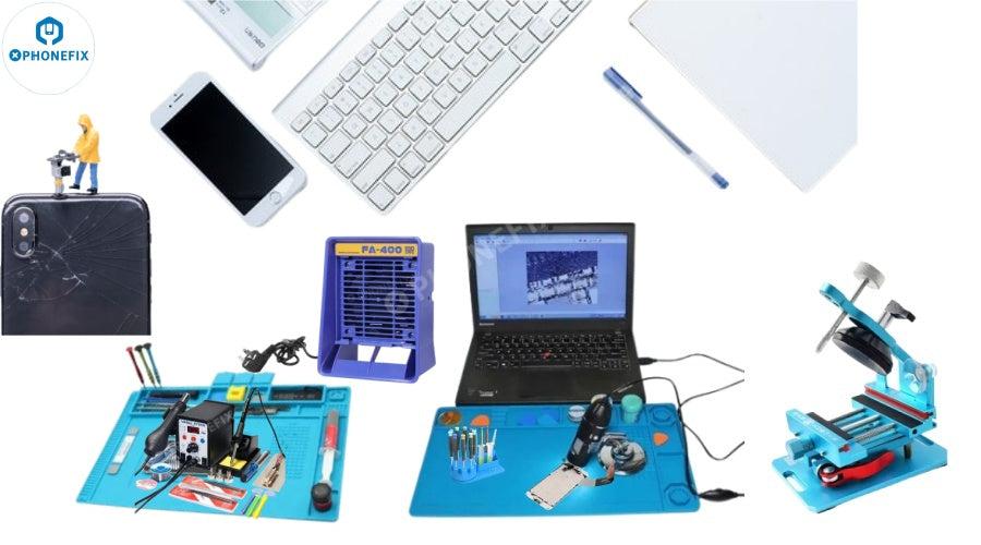 Mobile phone repair tools kit, cracked phone, motherboard soldering station, repair accessories, and equipment display.
