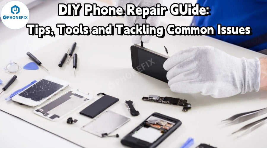 Person in gloves repairing smartphone with phone repair tools and disassembled phone parts on table