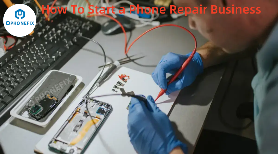 Technician repairing smartphone motherboard with tools at workbench, phone repair business concept