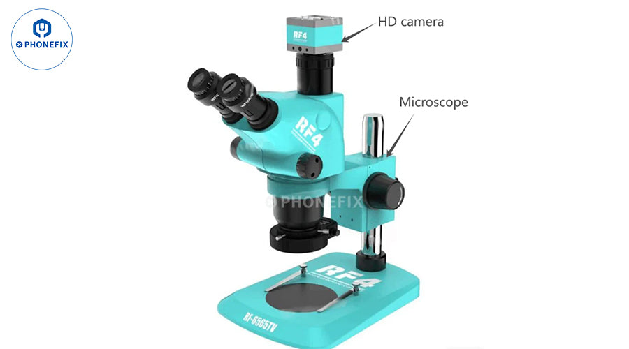 RF4 HD camera microscope for mobile phone repair, turquoise lab equipment on white background