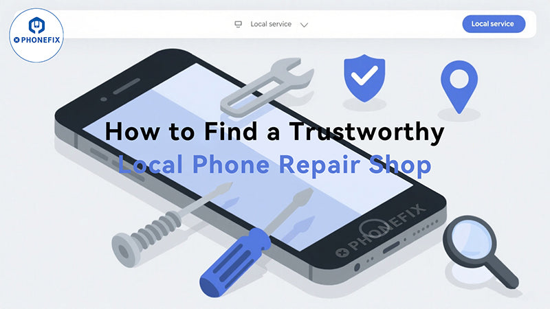 Illustration of a smartphone with repair tools, shield, map pin, and magnifying glass, showing 'How to Find a Trustworthy Local Phone Repair Shop' text.