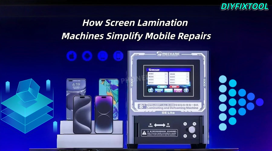 Mobile phone screen lamination and defoaming machine with smartphone repair tools on display.