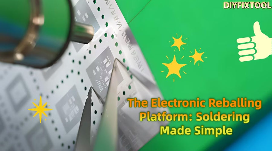 Electronic reballing stencil with soldering heat gun, phone repair platform, DIY tools.