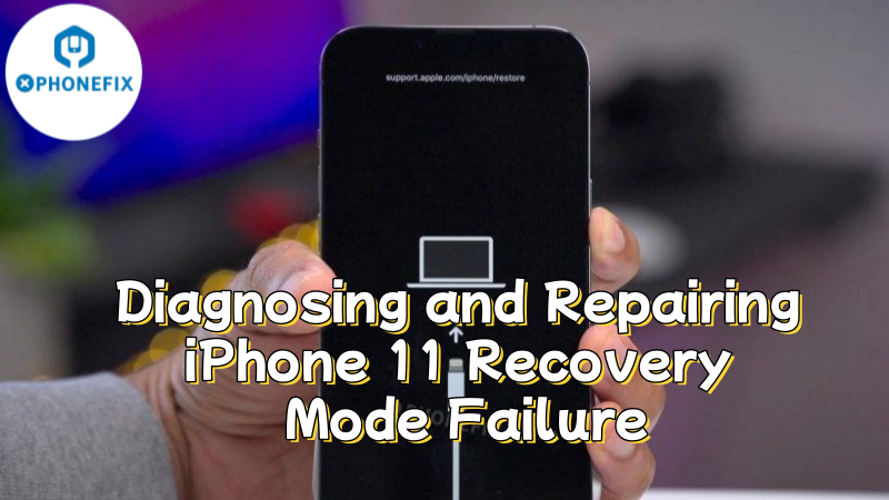 Hand holding iPhone 11 in recovery mode with restore icon and repair tutorial text overlay.