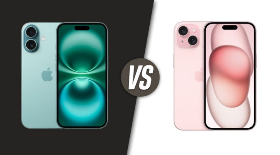 Comparison image of two smartphones side by side, one in green and one in pink, with VS icon in center.