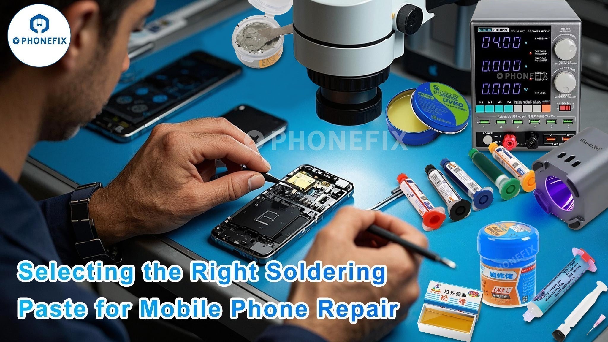 Person repairing smartphone with soldering paste, tools, microscope, and power supply on workbench