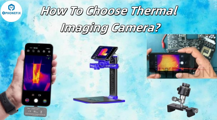 Various thermal imaging cameras and tools for mobile phone repair showcased on a blue background.