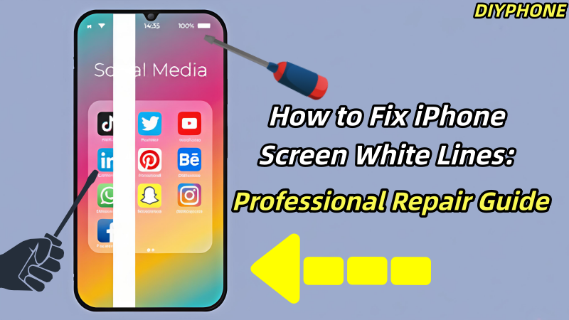 iPhone with white line on screen, repair tools, and text about fixing iPhone display issues.