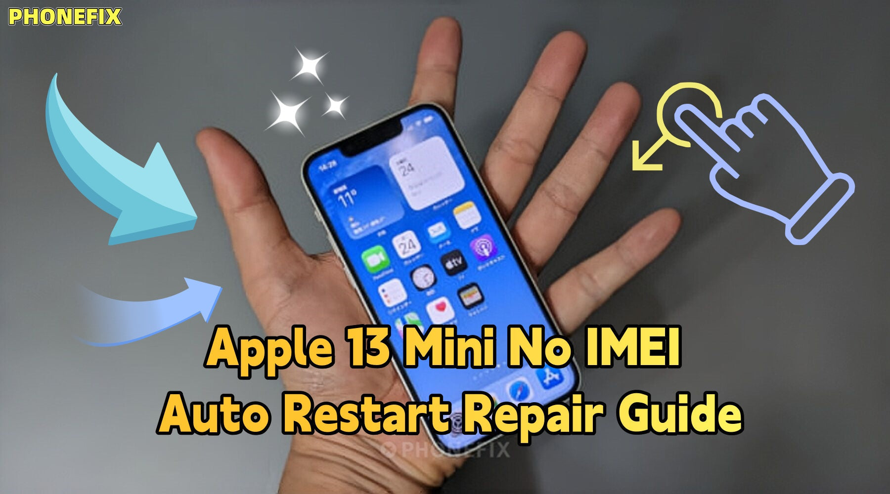 Hand holding iPhone 13 Mini with repair guide text, arrows and tap icon, mobile repair concept