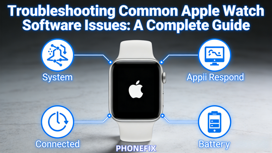 Apple Watch troubleshooting guide showing software issue categories: system, connected, app response, battery.