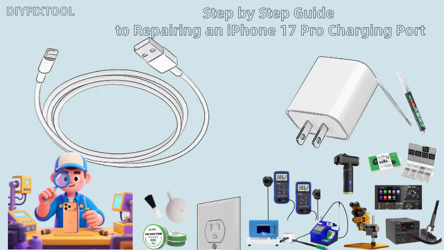Step by step iPhone 17 Pro charging port repair guide with cable, charger, and phone repair tools.
