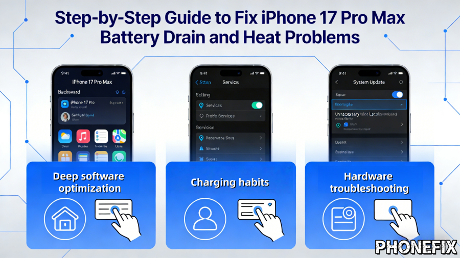 iPhone 17 Pro Max battery drain and overheating troubleshooting guide with software, charging, and hardware solutions.
