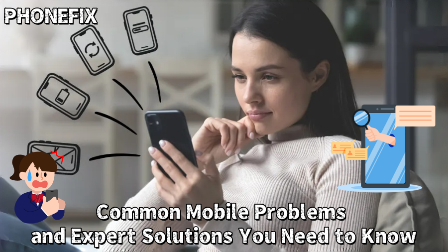 Woman using smartphone with repair icons, highlighting mobile phone problems and solutions.
