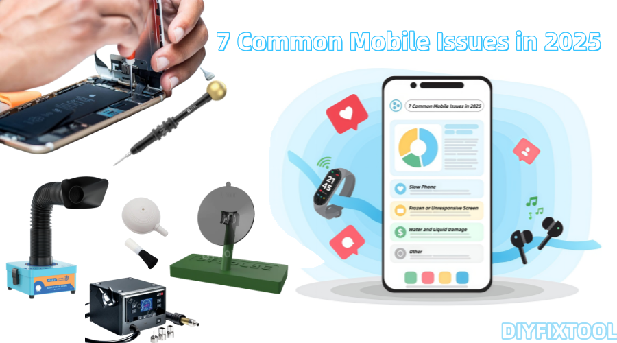 Technician repairing a smartphone with mobile repair tools and infographic listing common phone issues in 2025.