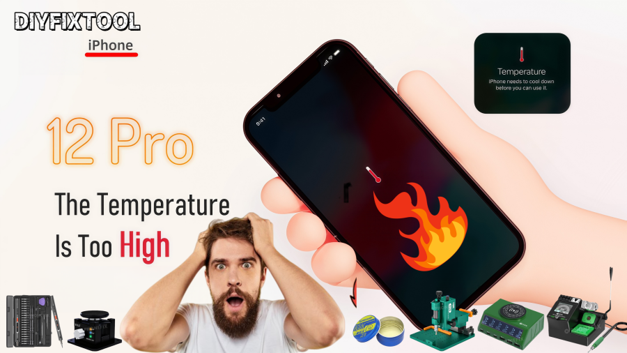 Hand holding iPhone 12 Pro with overheating warning, repair tools and shocked man, mobile phone repair concept