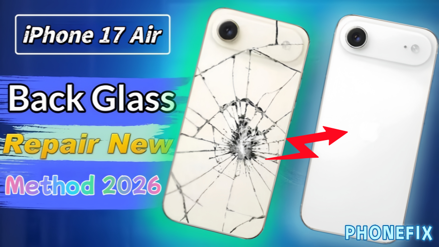 iPhone 17 Air back glass repair, showing cracked and restored phone backs, repair method 2026